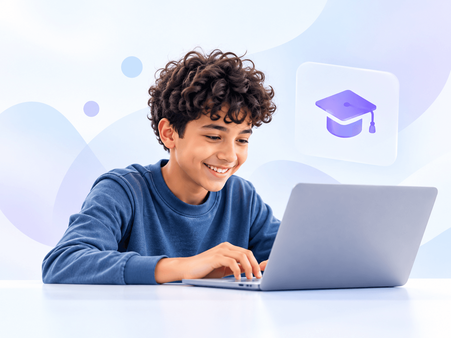 طالب مبتسم يكتب على حاسوب محمول